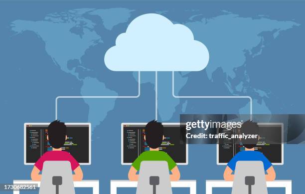 クラウドに接続しているソフトウェア開発者 - ソフトウェア開発点のイラスト素材／クリップアート素材／マンガ素材／アイコン素材