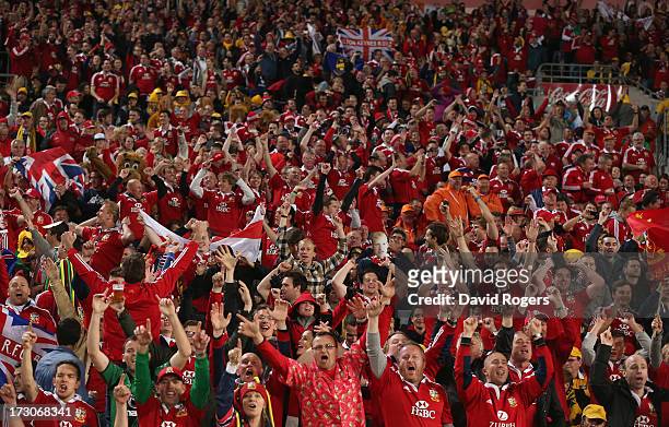 The Lions supporters celerbate the Lions victory during the International Test match between the Australian Wallabies and British & Irish Lions at...
