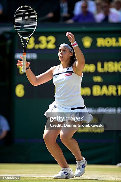 Marion Bartoli of France celebrates championship point during the Ladies' Singles final match against Sabine Lisicki of Germany on day twelve of the...