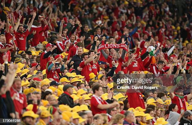 The Lions supporters celebrate the Lions victory during the International Test match between the Australian Wallabies and British & Irish Lions at...