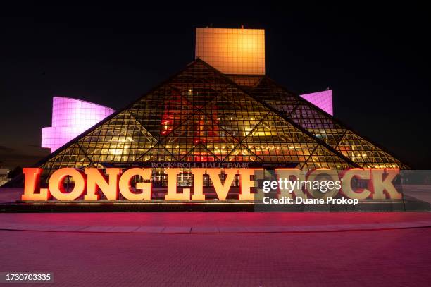 General view of the Rock & Roll Hall Of Fame Lit in CARE Colors for International Day of The Girl at the Rock & Roll Hall of Fame and Museum on...