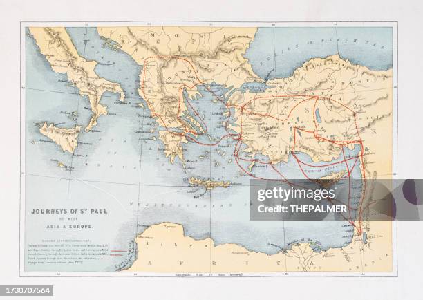 steel engraved map "journeys of st. paul" - holy land maps 1860 - mediterranean sea map stock illustrations