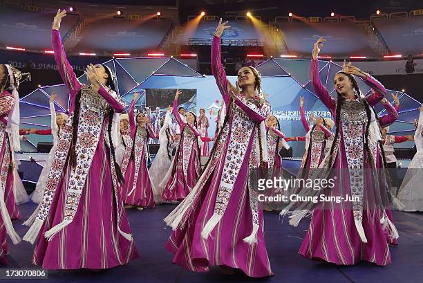 Turkmenistan performers dance and celebrate during the closing ceremony of the 4th Asian Indoor & Martial Arts Games at Incheon Samsan World...