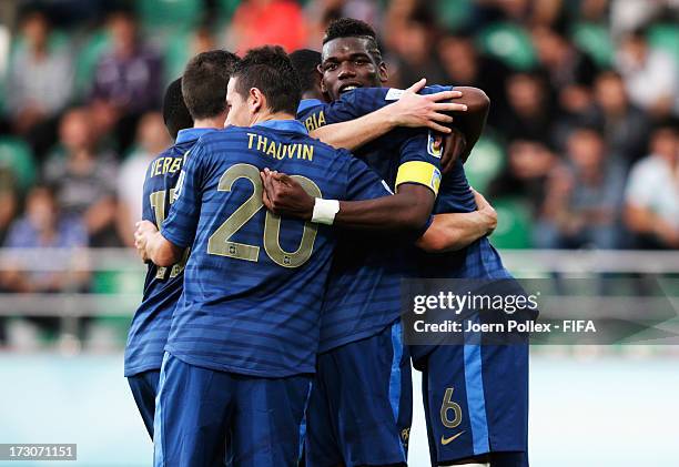 Paul Pogba of France celebrates with his team mates after scoring his team's second goal during the FIFA U-20 World Cup Quarter Final match between...
