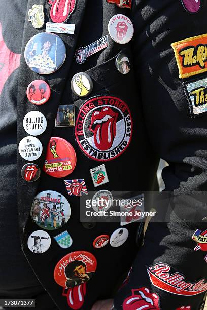 Rolling Stones fan shows off his pins and badges during day two of British Summer Time Hyde Park presented by Barclaycard at Hyde Park on July 6,...