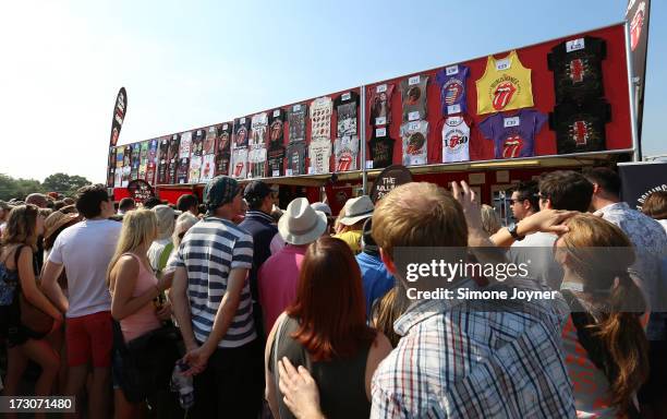 Music fans look at the Rolling Stones merchandise during day two of British Summer Time Hyde Park presented by Barclaycard at Hyde Park on July 6,...