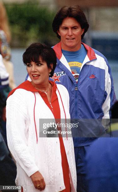 Sportsman Bruce Jenner with his wife Kris Jenner, circa 1990.