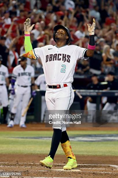 Geraldo Perdomo of the Arizona Diamondbacks celebrates after hitting a home run in the third inning against the Los Angeles Dodgers during Game Three...