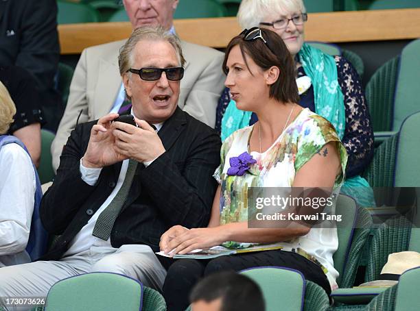 Alan Rickman and Miranda Hart attend Day 12 of the Wimbledon Lawn Tennis Championships at the All England Lawn Tennis and Croquet Club on July 6,...