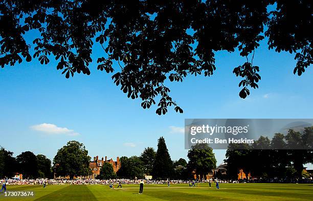 General view of play during the Friends Life T20 match between Warwickshire Bears and Glamorgan Dragons at Rugby School on July 06, 2013 in Rugby,...