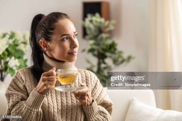 young brunette in warm sitting on the couch holding a cup of tea about to drink it, looking out the window. - kräutertee stock-fotos und bilder