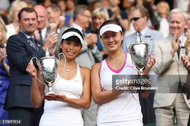 Shuai Peng of China and Su-Wei Hsieh of Taipei pose with the Ladies' Doubles trophies after their Ladies' Doubles final match against Ashleigh Barty...