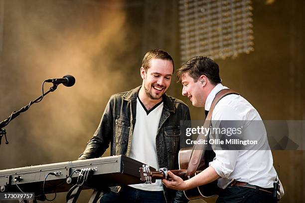 Ben Lovett and Marcus Mumford of Mumford & Sons perform at their biggest headline show to date during the Summer Stampede tour at Olympic Park on...