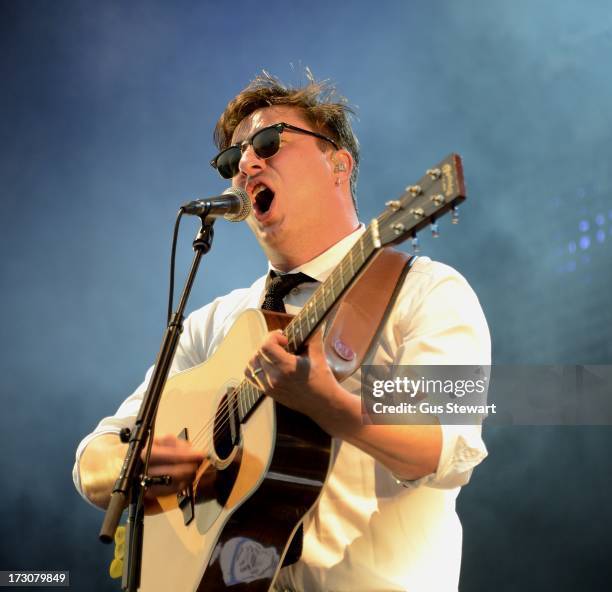 Marcus Mumford of Mumford & Sons performs on stage at The Summer Stampede at Queen Elizabeth Olympic Park on July 6, 2013 in London, England.