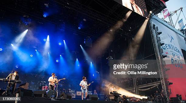 Ben Lovett, Marcus Mumford, Winston Marshall and Ted Dwane of Mumford & Sons perform at their biggest headline show to date during the Summer...