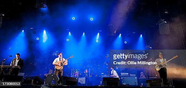 Ben Lovett, Marcus Mumford, Winston Marshall and Ted Dwane of Mumford & Sons perform at their biggest headline show to date during the Summer...