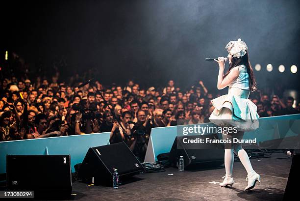 Singer Natsuko Aso performs during the JE live house 'TOYOTA x STUDIO4AC meets ANA PES' concert during the Japan Expo at Paris-nord Villepinte...