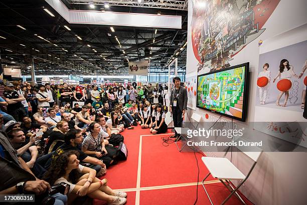 Singers of Aop band and Shotaro Sano attend a talk event at the 'TOYOTA x STUDIO4AC meets ANA PES' booth during the Japan Expo at Paris-nord...