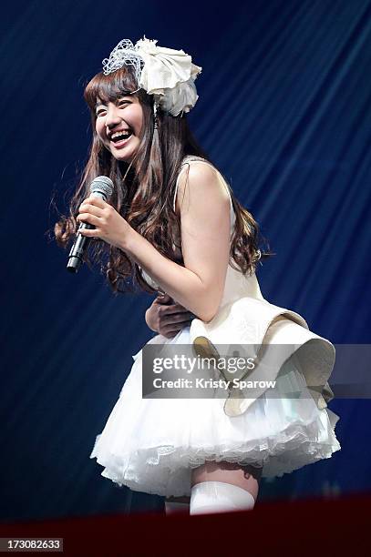 Singer Natsuko Aso performs during the JE live house 'TOYOTA x STUDIO4ÁC meets ANA PES' concert during the Japan Expo at Paris-nord Villepinte...