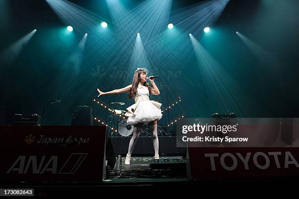 Singer Natsuko Aso performs during the JE live house 'TOYOTA x STUDIO4AC meets ANA PES' concert during the Japan Expo at Paris-nord Villepinte...