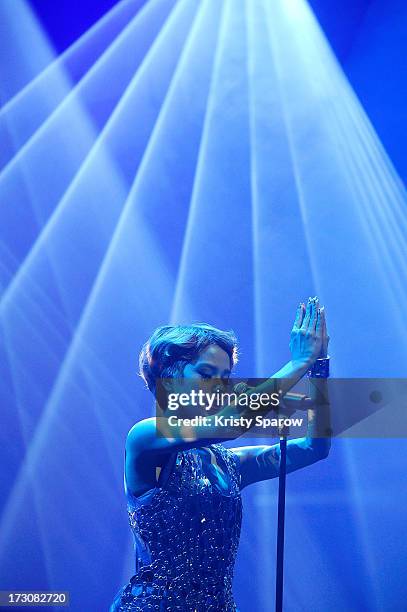 Singer Una performs during the JE live house 'TOYOTA x STUDIO4AC meets ANA PES' concert during the Japan Expo at Paris-nord Villepinte Exhibition...