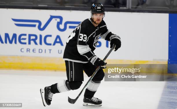 Viktor Arvidsson of the Los Angeles Kings skates during warmups before their pre-season game against the San Jose Sharks at the Delta Center October...