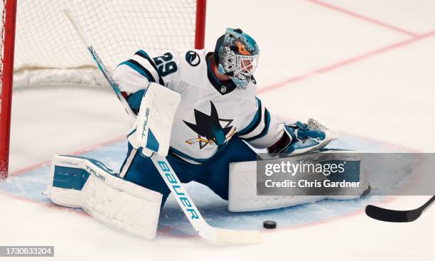 Mackenzie Blackwood of the San Jose Sharks makes a save against the Los Angeles Kings during the second period of their pre-season game at the Delta...