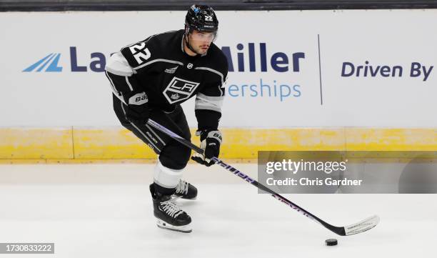 Trevor Lewis of the Los Angeles Kings skates during warmups before their pre-season game against the San Jose Sharks at the Delta Center October 5,...