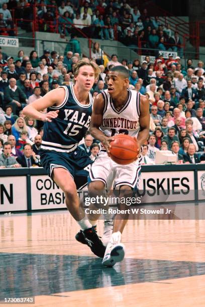 University of Connecticut basketball player Kevin Ollie with the ball during a game againsy Yale, Storrs, Connecticut, 1994.