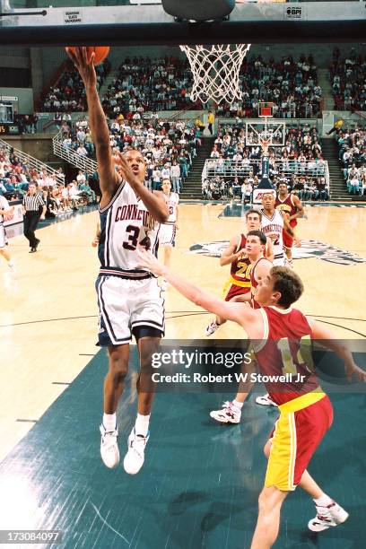 University of Connecticut basketball player Ray Allen with the ball, Storrs, Connecticut, 1994.