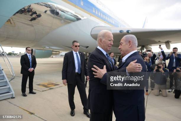 President Joe Biden is welcomed by Prime Minister Benjamin Netanyahu at the Ben Gurion Airport in Tel Aviv, Israel on October 18, 2023.