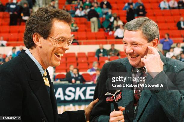 Sports announcers Mike Gorman and Dom Perno share a laugh during a pre-game analysis, Hartford, Connecticut, 1994.
