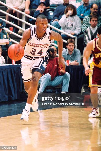 University of Connecticut basketball player Ray Allen with the ball during a game against Winthrop, Storrs, Connecticut, 1994.