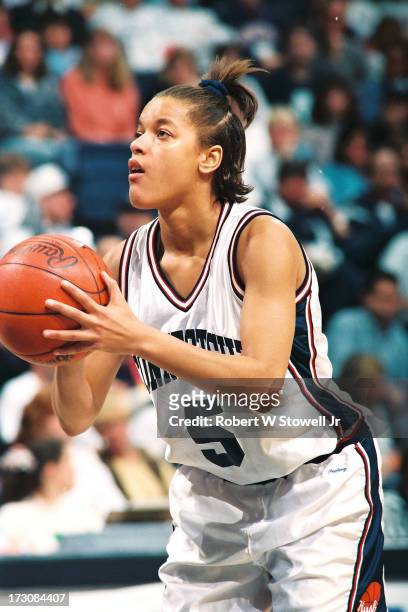 University of Connecticut basketball player Kim Better lines up a free throw at the foul line, Storrs, Connecticut, 1994.