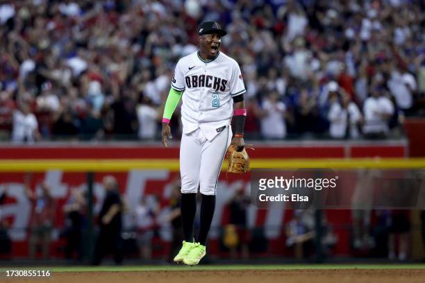 Geraldo Perdomo of the Arizona Diamondbacks celebrates after beating the Los Angeles Dodgers 4-2 in Game Three of the Division Series at Chase Field...