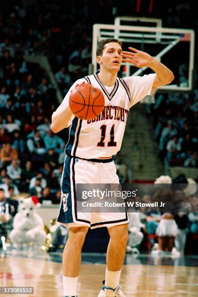 University of Connecticut basketball player Doron Sheffer with the ball during a game, Storrs, Connecticut, 1994.