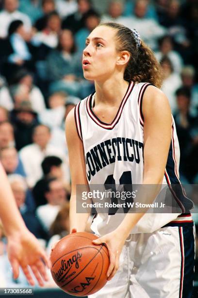 University of Connecticut basketball player Carla Berube lines up a free throw at the foul line during the NCAA women's basketball tournament,...