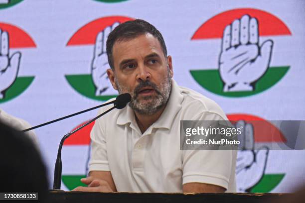 India's main opposition leader of the Indian National Congress party, Rahul Gandhi, addresses a press conference at the party headquarters in New...