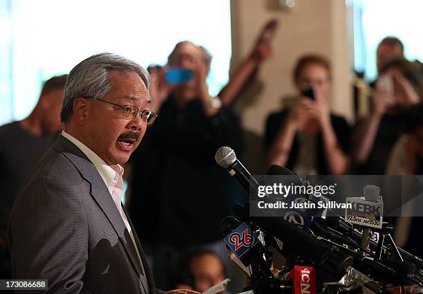 San Francisco Mayor Ed Lee speaks during a news conference at San Francisco International Airport on July 6, 2013 in San Francisco, California. A...
