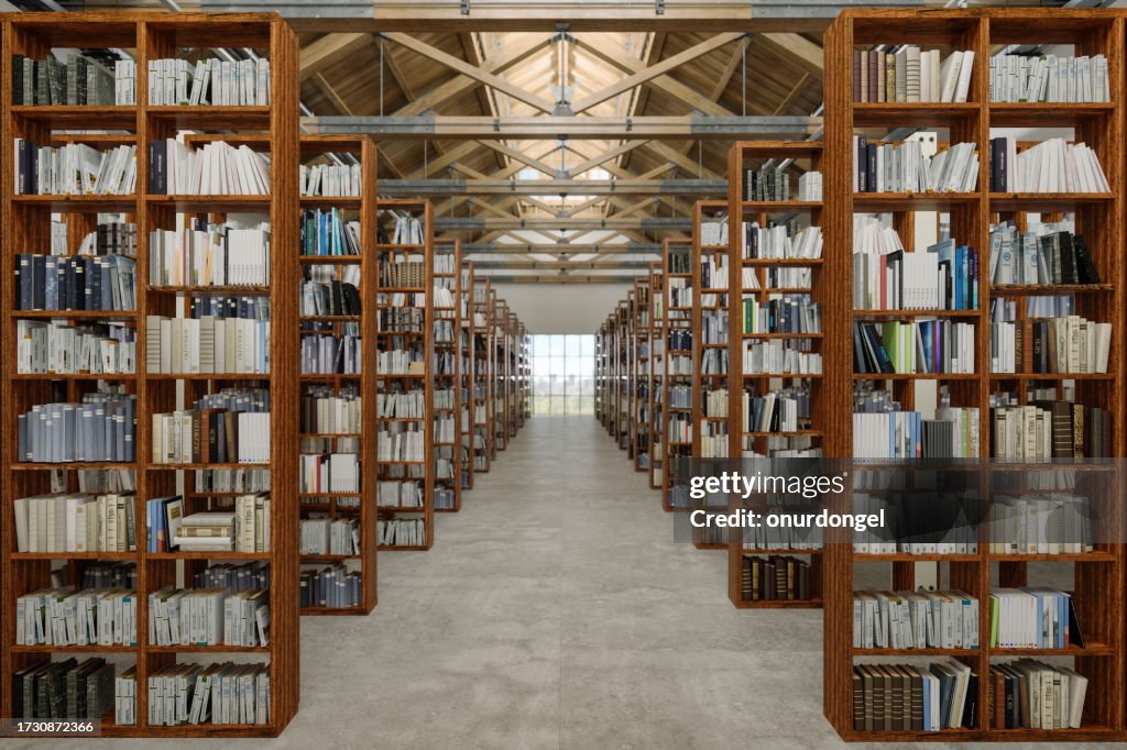Library Interior With Books On Wooden Bookshelves