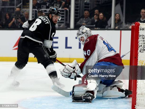 Alexandar Georgiev of the Colorado Avalanche makes a save on Drew Doughty of the Los Angeles Kings during the second period in the Los Angeles Kings...