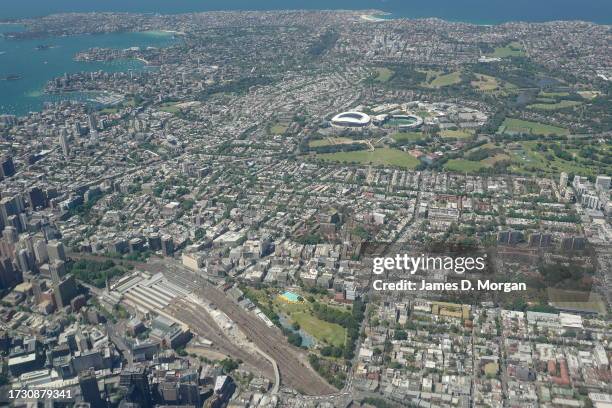 Aerials scenes from a QantasLink Q-400 aircraft over Sydney's CBD after taking off from Sydney's Kingsford Smith Airport on October 09, 2023 in...