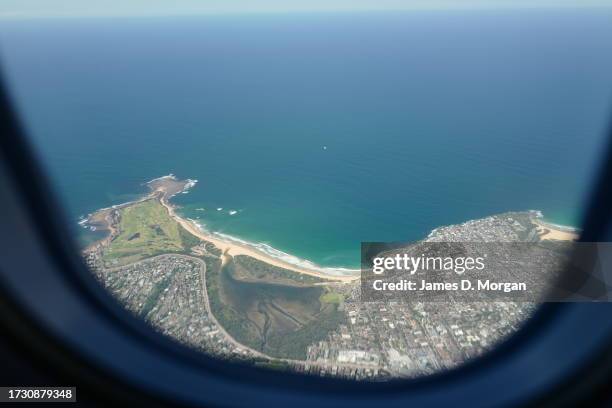 Aerials scenes from a QantasLink Q-400 aircraft over Sydney's CBD after taking off from Sydney's Kingsford Smith Airport on October 09, 2023 in...