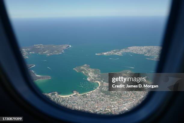 Aerials scenes from a QantasLink Q-400 aircraft over Sydney's CBD after taking off from Sydney's Kingsford Smith Airport on October 09, 2023 in...