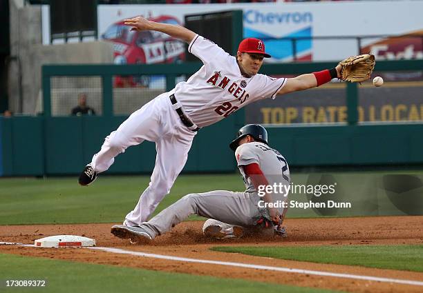 Third baseman Brendan Harris of the Los Angeles Angels of Anaheim can't reach a throw from catcher Chris Ianetta as jacooby Ellsworth of the Boston...