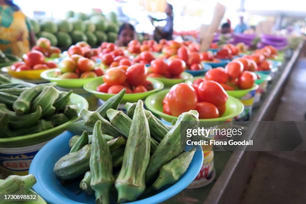 Vendors sell fruits and vegetables at the Nadi Municipal Market on October 05, 2023 in Nadi, Fiji. The produce market also sells kava, fish and...