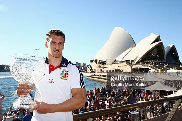 Tour captan Sam Warburton poses with the Tom Richards Cup during a British & Irish Lions media session at the Sydney Opera House on July 7, 2013 in...