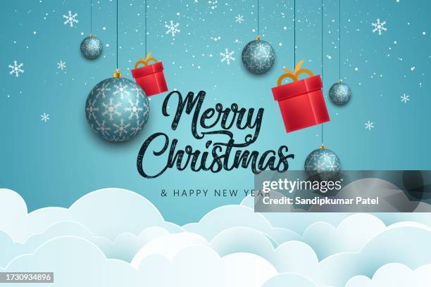 illustrations, cliparts, dessins animés et icônes de joyeux noel et bonne année. boules décoratives bleues de noel suspendues décorateur festif décor réaliste. - noël