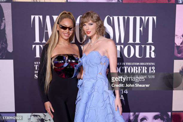 Beyoncé Knowles-Carter and Taylor Swift attend the "Taylor Swift: The Eras Tour" Concert Movie World Premiere at AMC The Grove 14 on October 11, 2023...