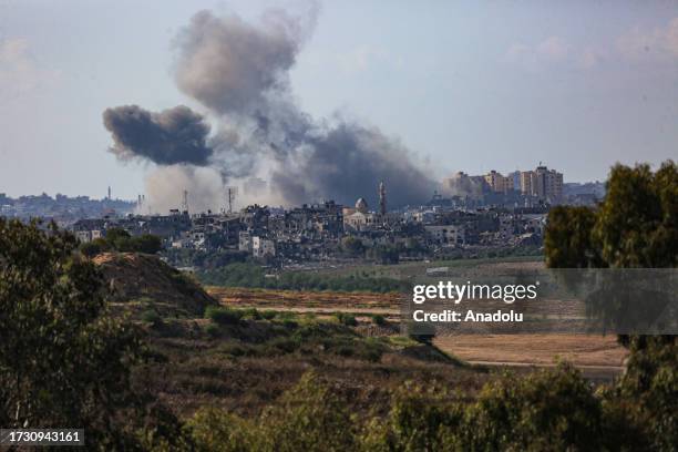 Smoke rises in Gaza which is seen from the Sderot city as the Israeli airstrikes continue in Sderot, Israel on October 18, 2023.